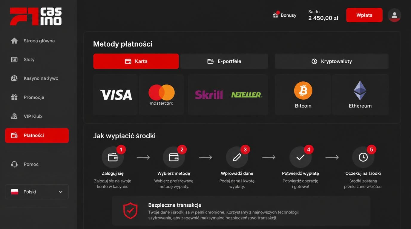 Metody płatności i wypłaty w F1 Casino.